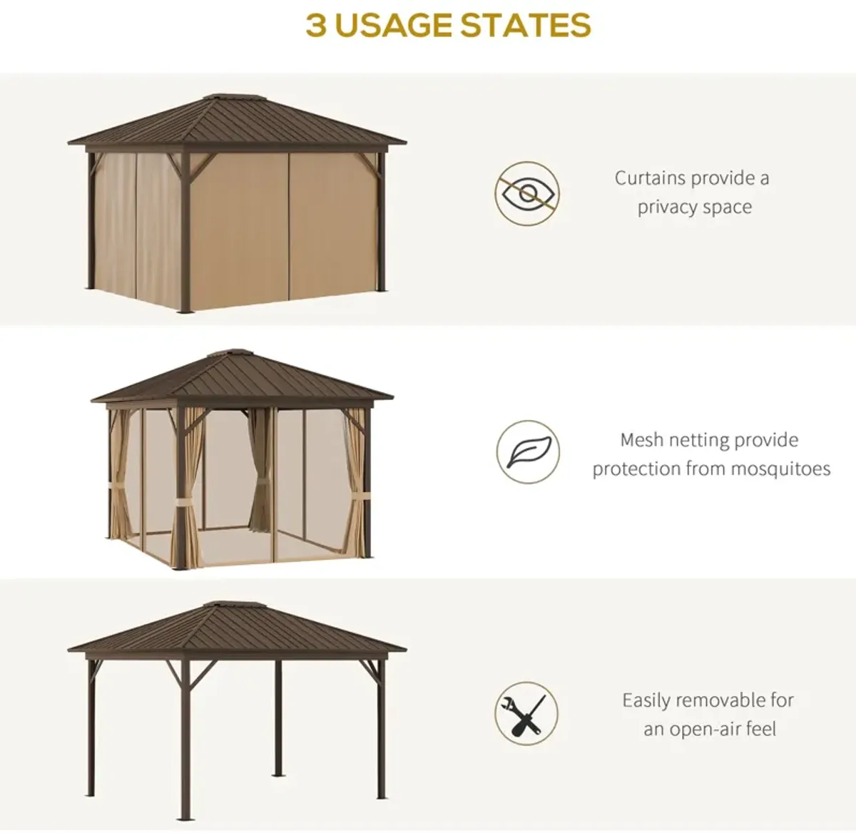 Brown Garden Pavilion: 10'x12' Hardtop Gazebo with Steel Roof & Curtains