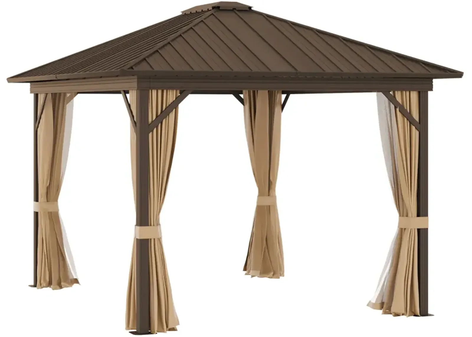 Brown Garden Pavilion: 10'x12' Hardtop Gazebo with Steel Roof & Curtains