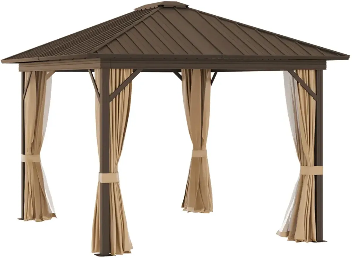 Brown Garden Pavilion: 10'x12' Hardtop Gazebo with Steel Roof & Curtains