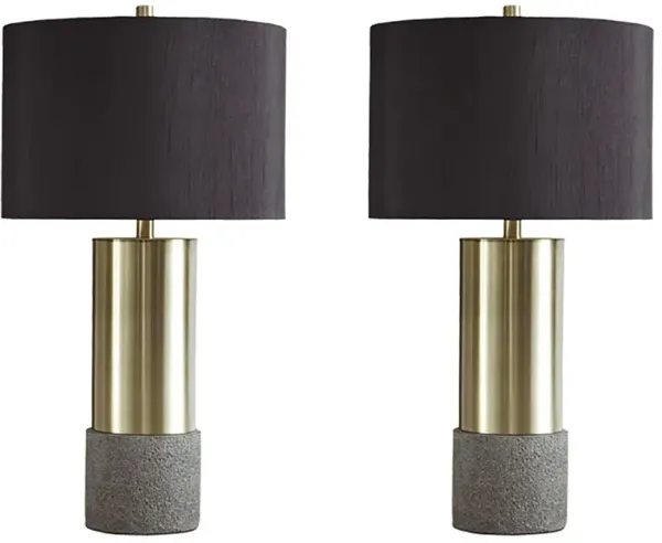 Faux Concrete and Metal Base Table Lamp, Set of 2, Brass and Gray - Benzara