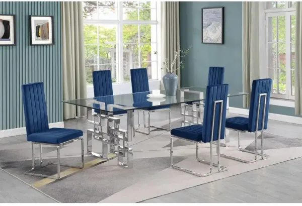 7-piece glam dining set with 6 Navy blue chairs and one 95" glass  table