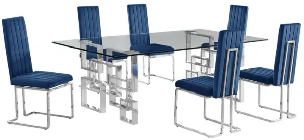 7-piece glam dining set with 6 Navy blue chairs and one 95" glass  table