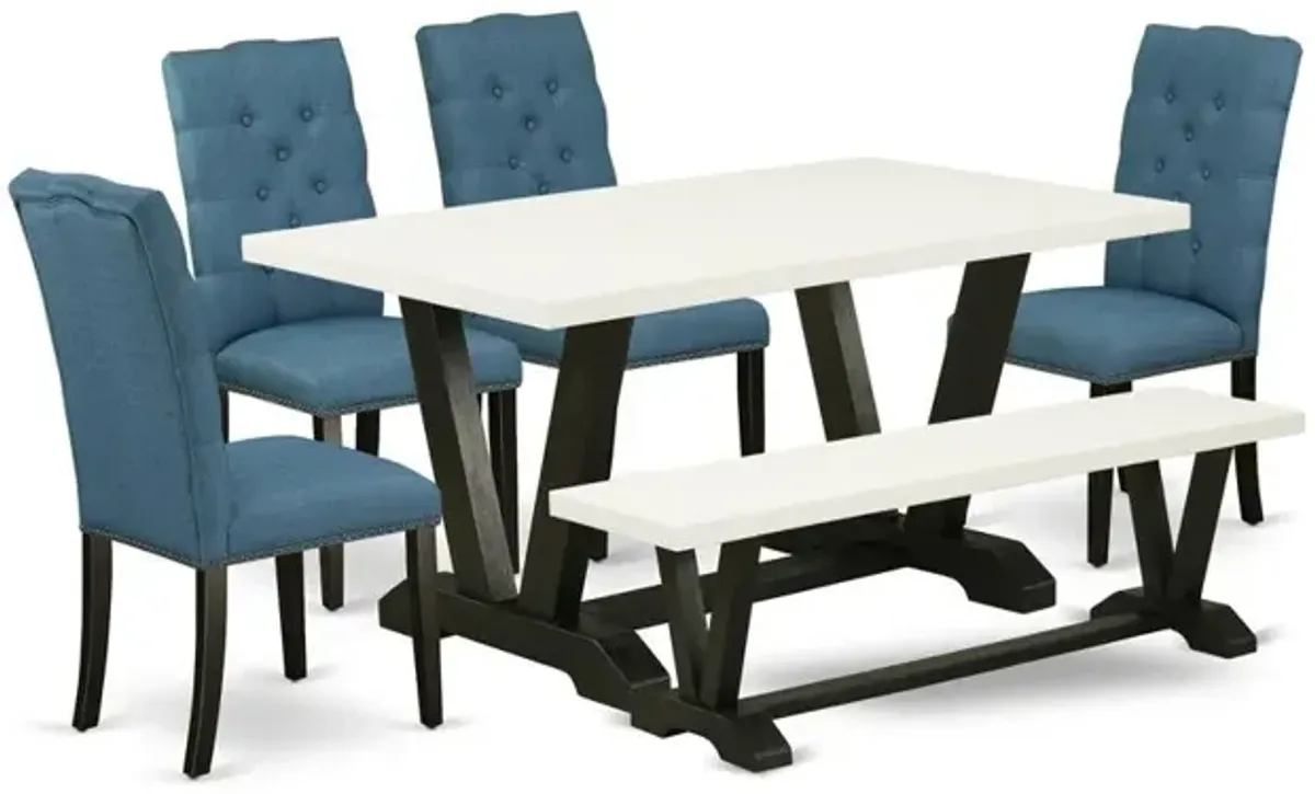 East West Furniture V626EL121-6 6-Piece Fashionable Dining Set an Outstanding Linen White Kitchen Table Top and Linen White Dining Bench and 4 Beautiful Linen Fabric Parson Chairs with Nail Heads and