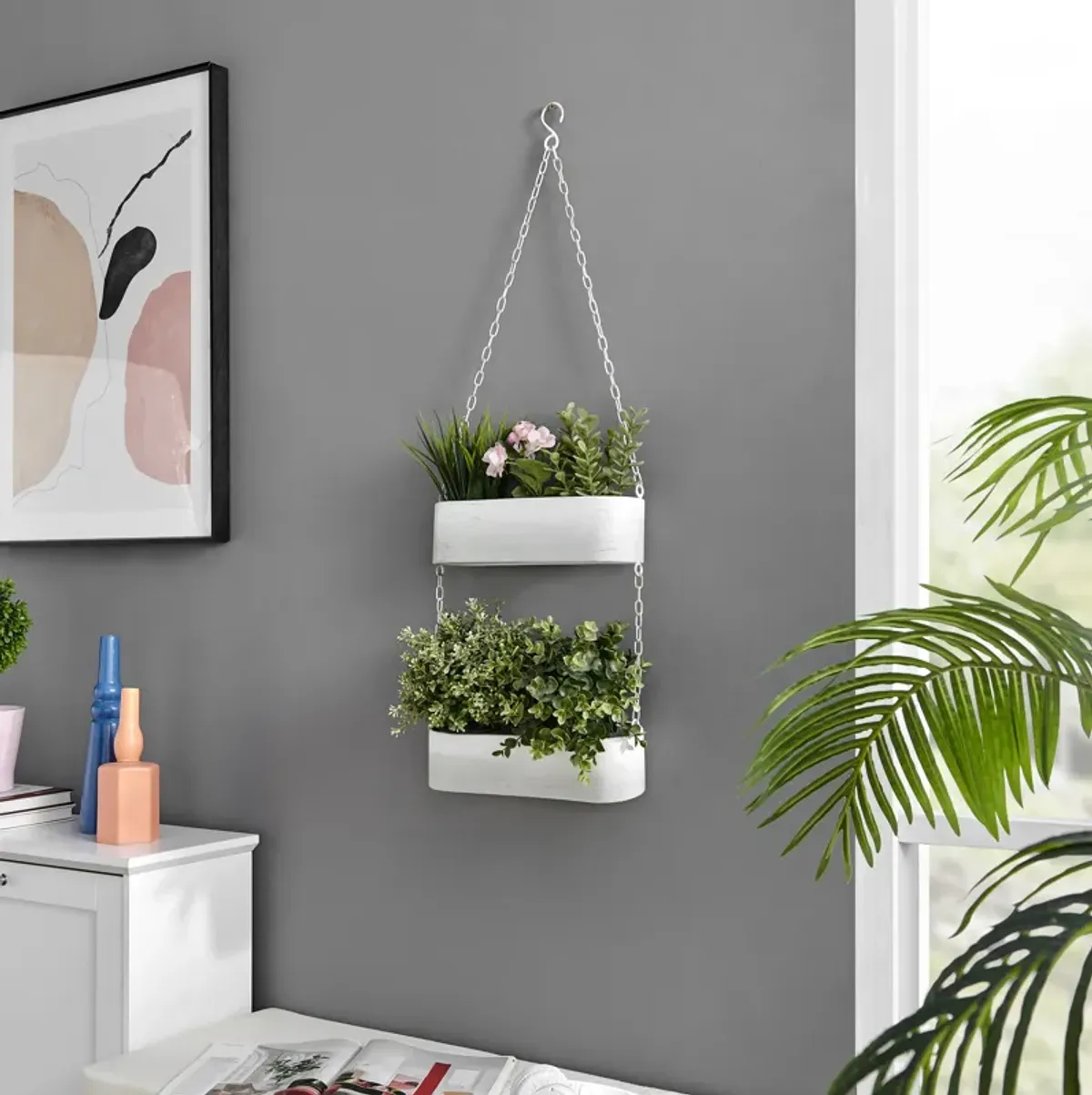 Two-Tier Hanging White Metal Trough Wall Planter