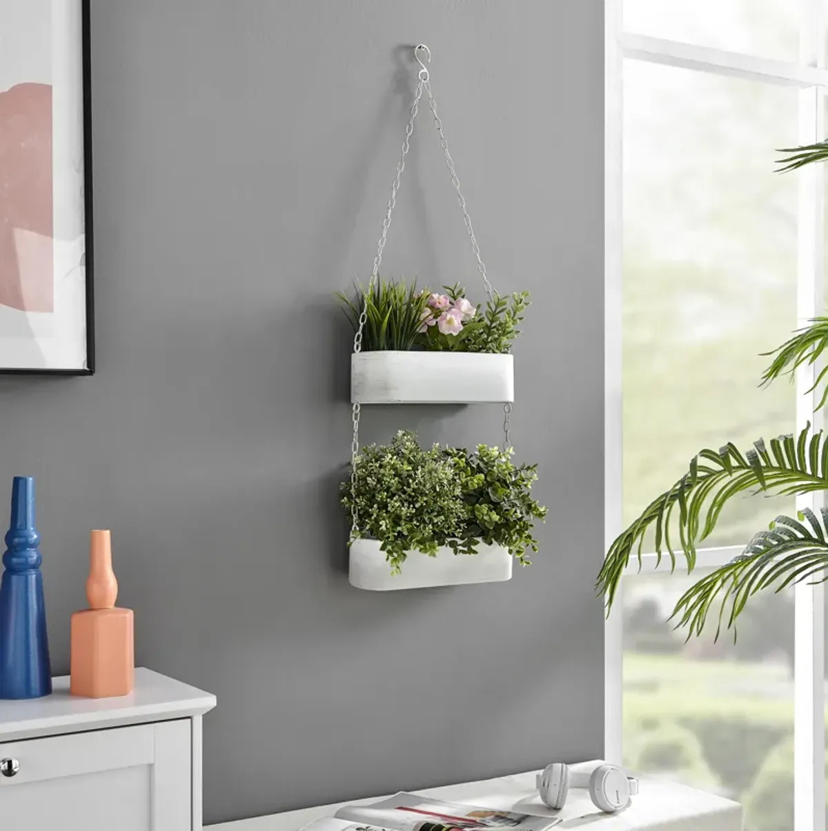 Two-Tier Hanging White Metal Trough Wall Planter