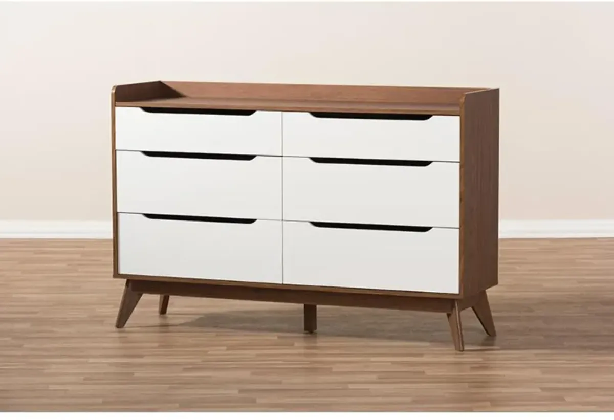 Brighton Mid-Century Modern White and Walnut Wood 6-Drawer Storage Dresser