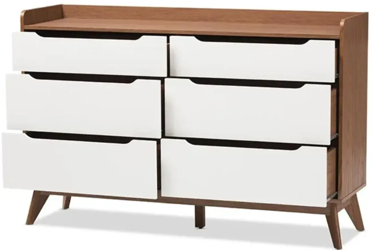 Brighton Mid-Century Modern White and Walnut Wood 6-Drawer Storage Dresser