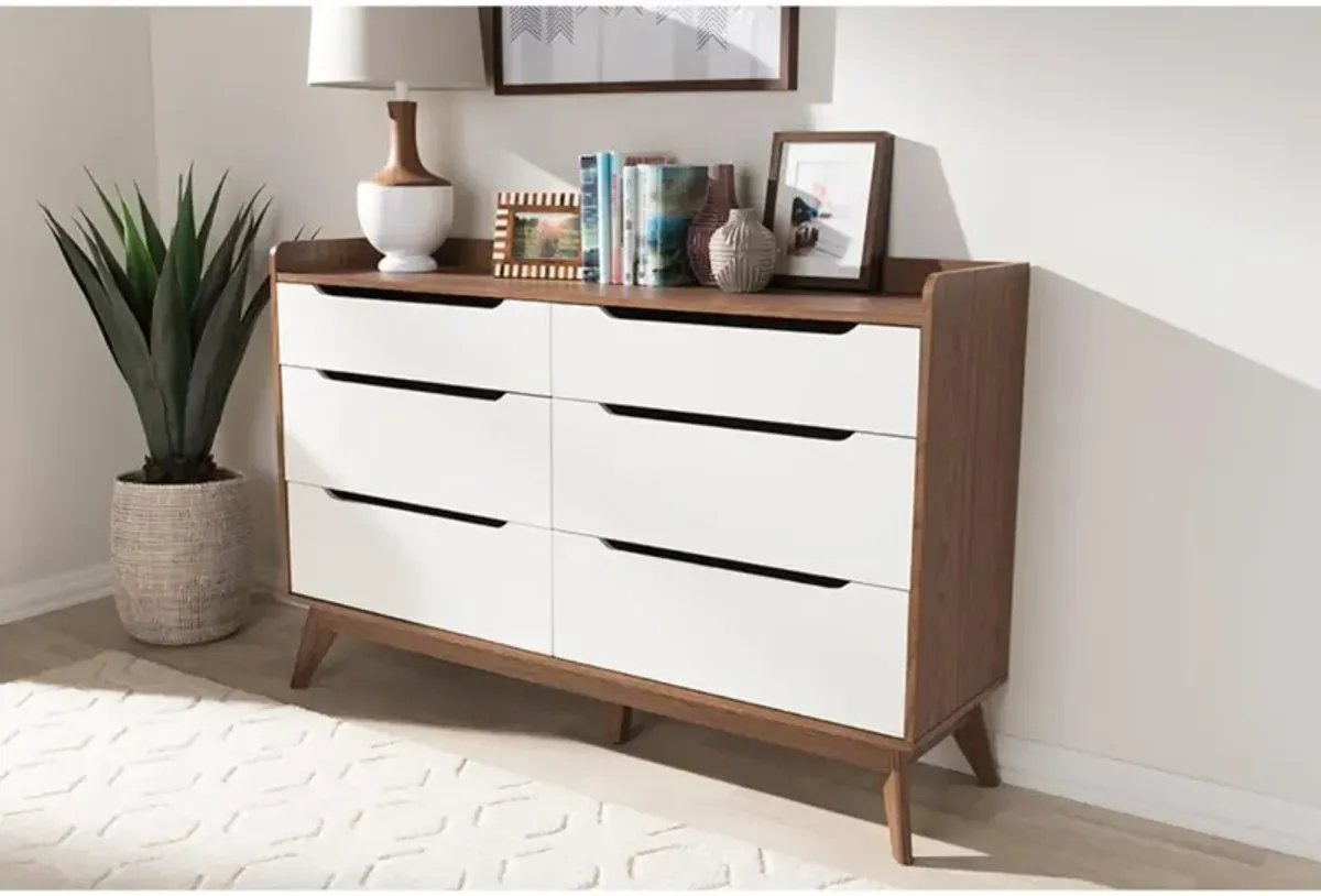 Brighton Mid-Century Modern White and Walnut Wood 6-Drawer Storage Dresser