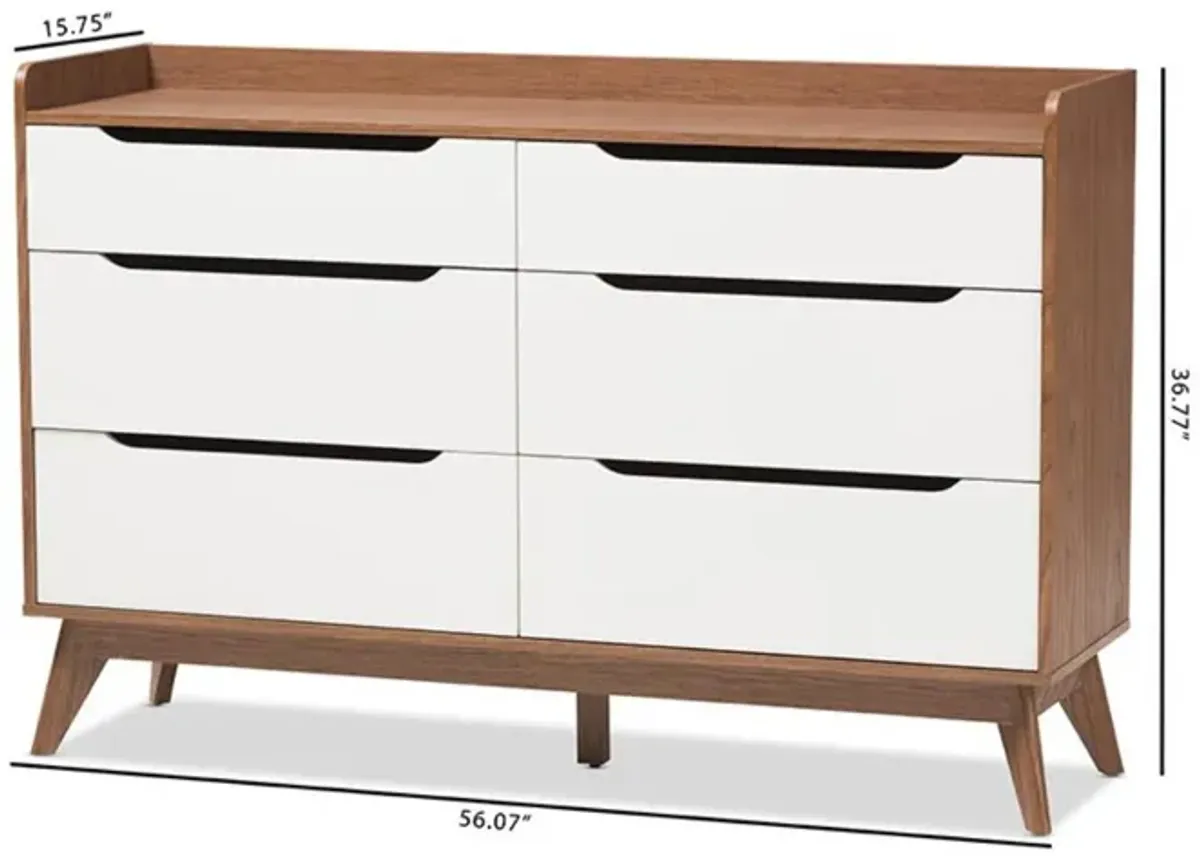 Brighton Mid-Century Modern White and Walnut Wood 6-Drawer Storage Dresser