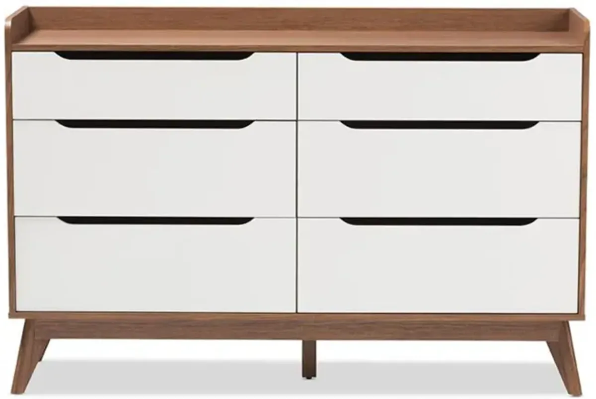 Brighton Mid-Century Modern White and Walnut Wood 6-Drawer Storage Dresser