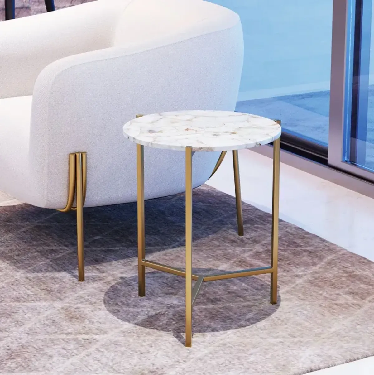 Homezia 20" Gold And White Genuine Marble Look Round End Table