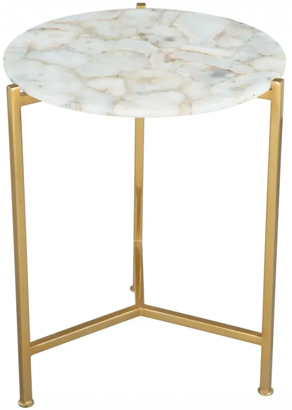 Hivvago 20" Gold And White Genuine Marble Look Round End Table