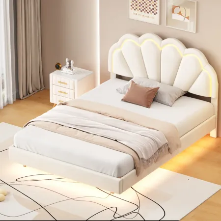 Full Upholstered Smart LED Bed Frame with Elegant Flowers Headboard, Floating Velvet Platform LED Bed with Wooden Slats Support, Beige