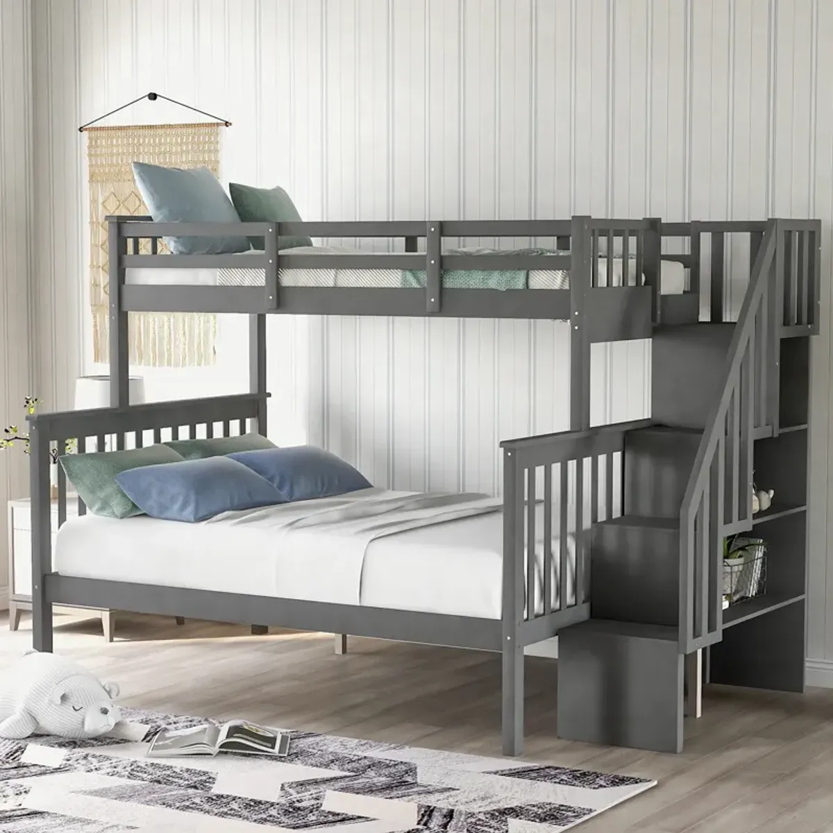 Merax Stairway Twin-Over-Full Bunk Bed with Storage and Guard Rail