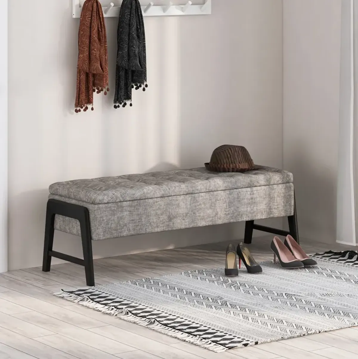 Modern Chenille Storage Bench with Solid Rubber Wood Legs