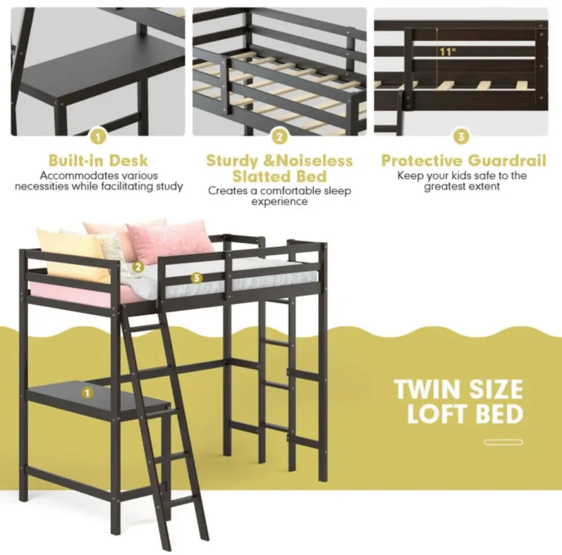 Twin Size Loft Bed Frame with Desk Angled and Built-in Ladder