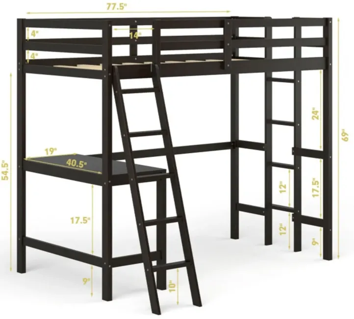 Twin Size Loft Bed Frame with Desk Angled and Built-in Ladder