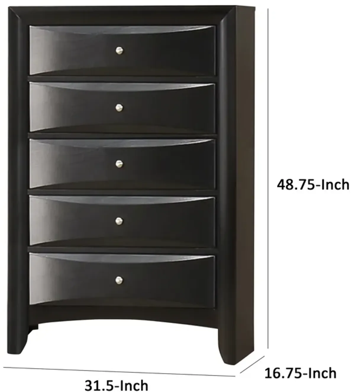 Ica 49 Inch Tall Dresser Chest, 5 Chambered Drawers, Felt Lined, Black - Benzara