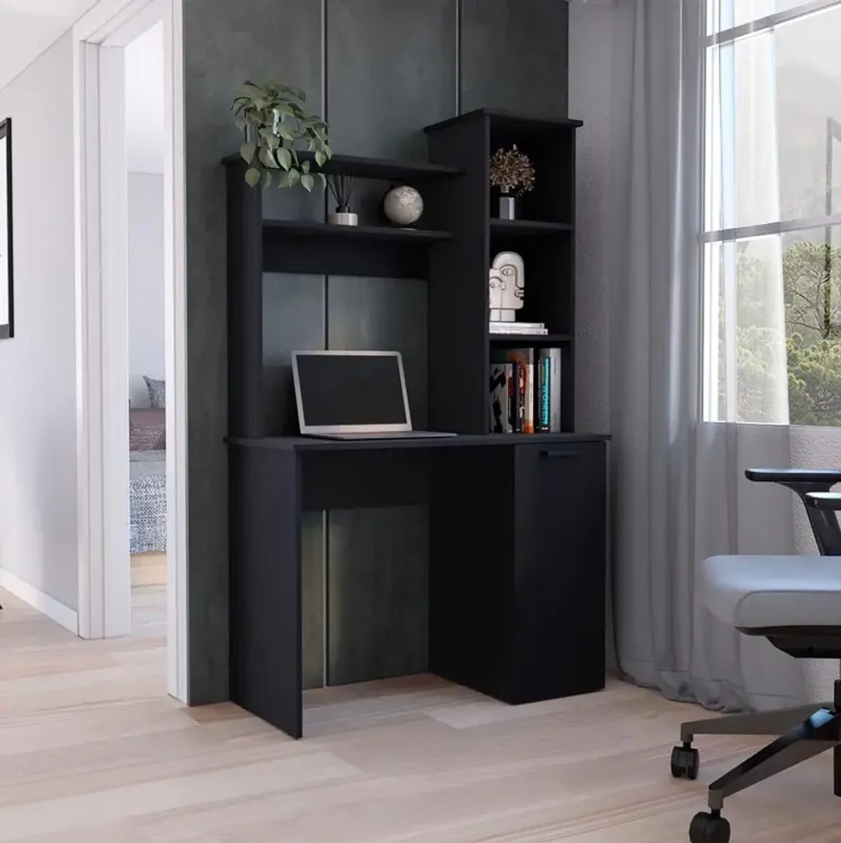 Computer Desk with Ample Work Surface, Hutch Storage and Single Door Cabinet