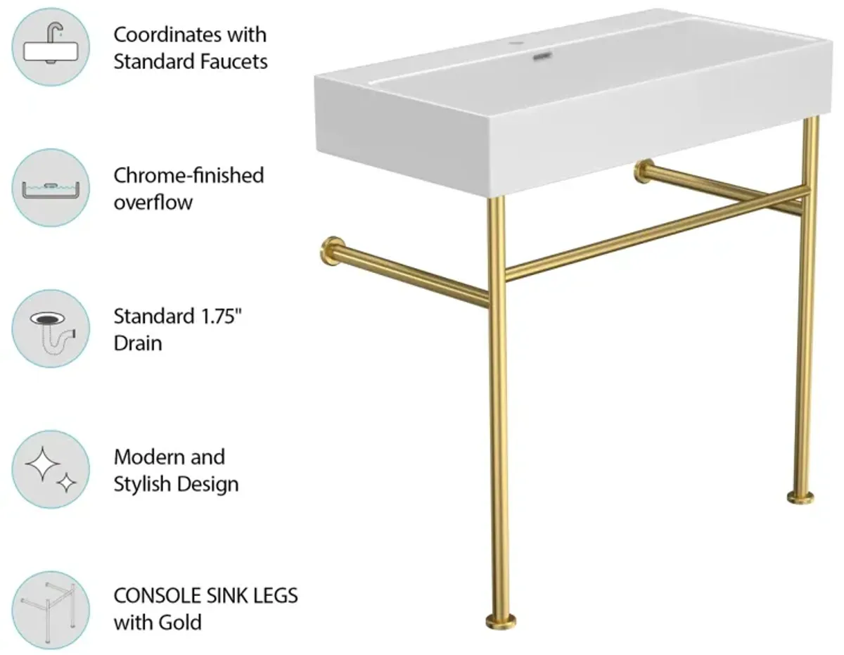 30" Bathroom Console Sink With Overflow, Ceramic Console Sink White Basin Gold Legs