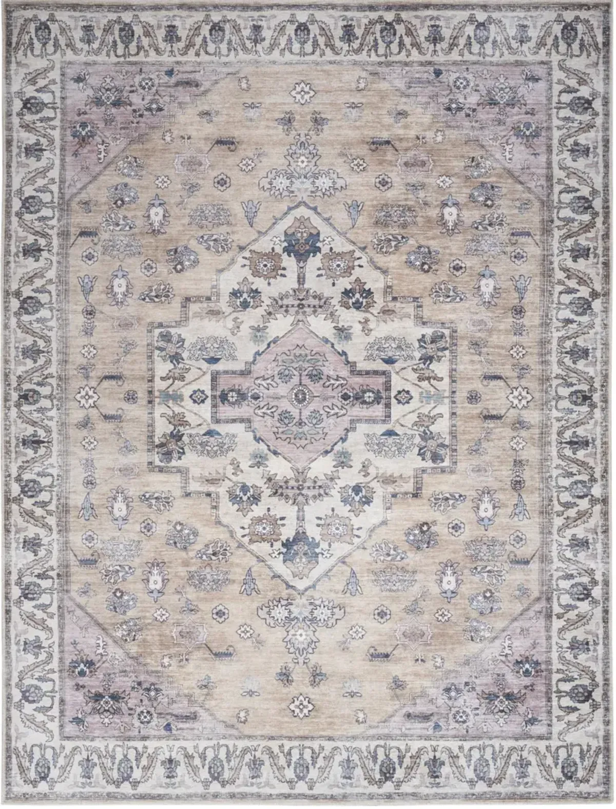 5 x 7 Beige and gray Oriental Power Loom Distressed Washable Non Skid Area Rug