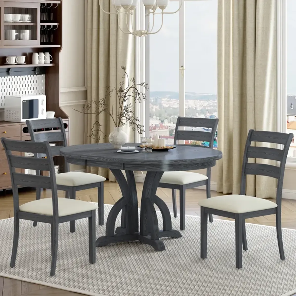 Merax Farmhouse Round Dining Table Set with Pedestal Legs