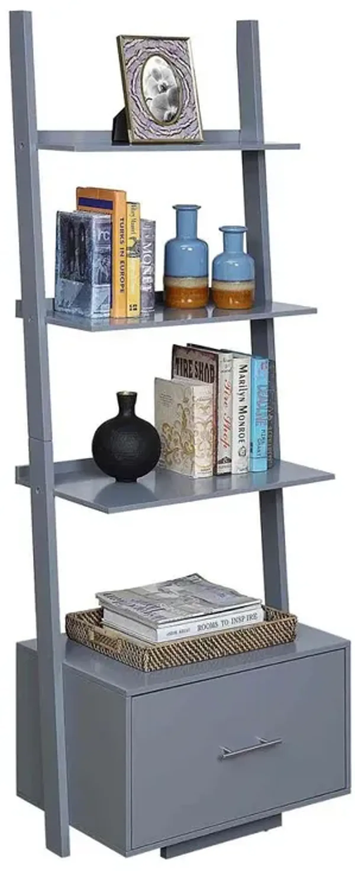 Convenience Concepts American Heritage Ladder Bookshelf with File Drawer, Gray