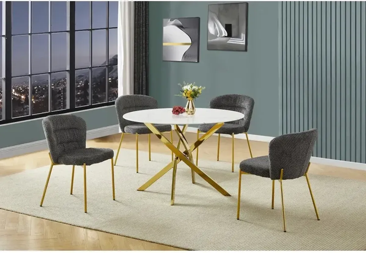 Best Quality Furniture Round White Marble Wrap Glass Ding Table With 4 Dark Grey Side Chairs