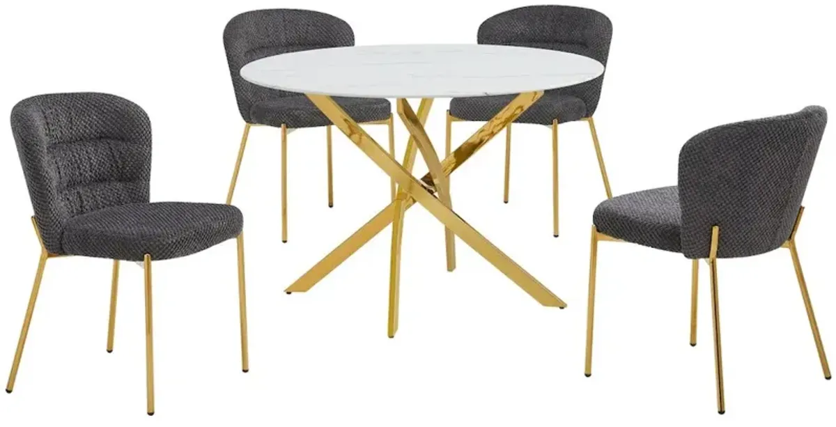 Best Quality Furniture Round White Marble Wrap Glass Ding Table With 4 Dark Grey Side Chairs