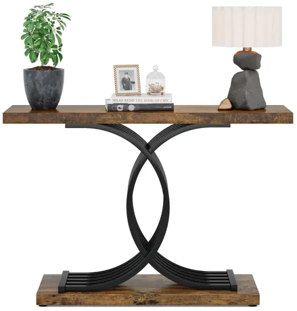 Console Table for Entryway, 39 Inches Rustic Brown Sofa Table with Black Geometric Frame, Industrial Sofa Table Behind Couch, Hallway Foyer Table Accent Table for Living Room, Entrance