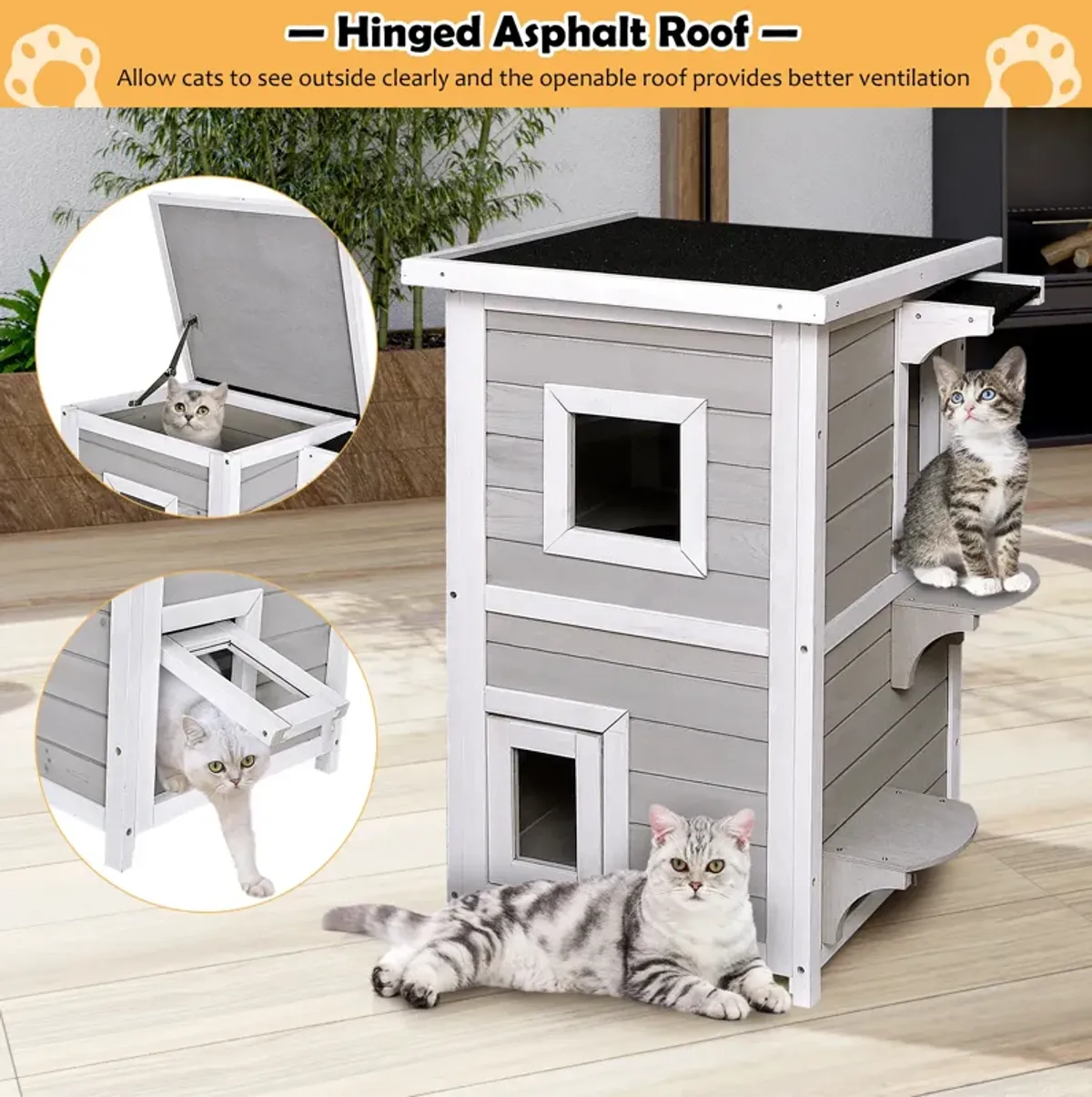 2-Story Wooden Cat House with Escape Door Rainproof