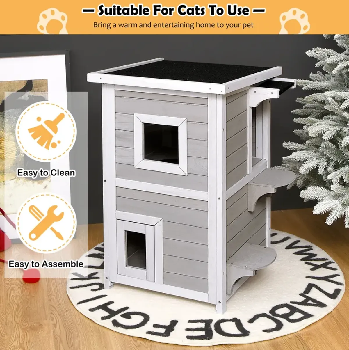 2-Story Wooden Cat House with Escape Door Rainproof