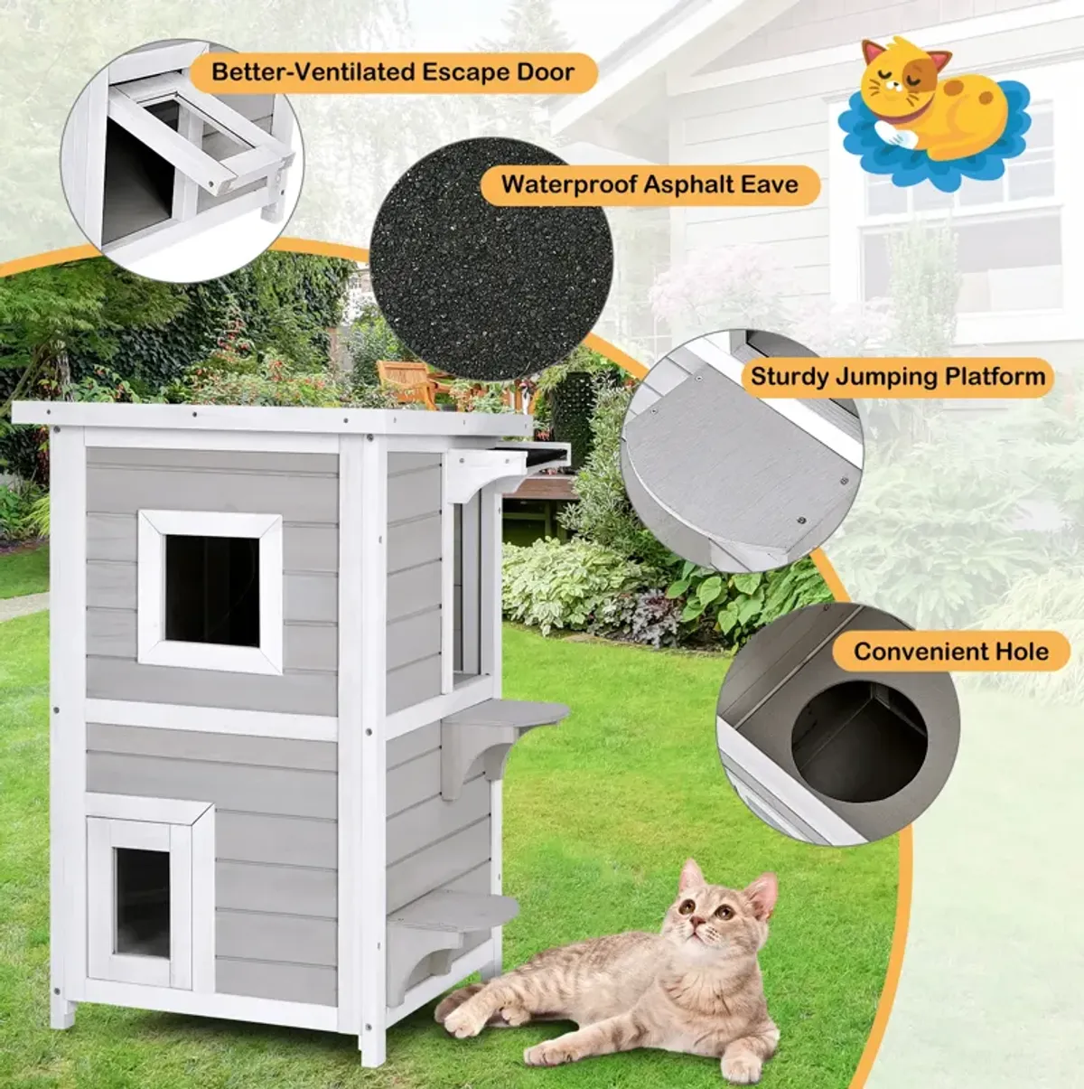 2-Story Wooden Cat House with Escape Door Rainproof