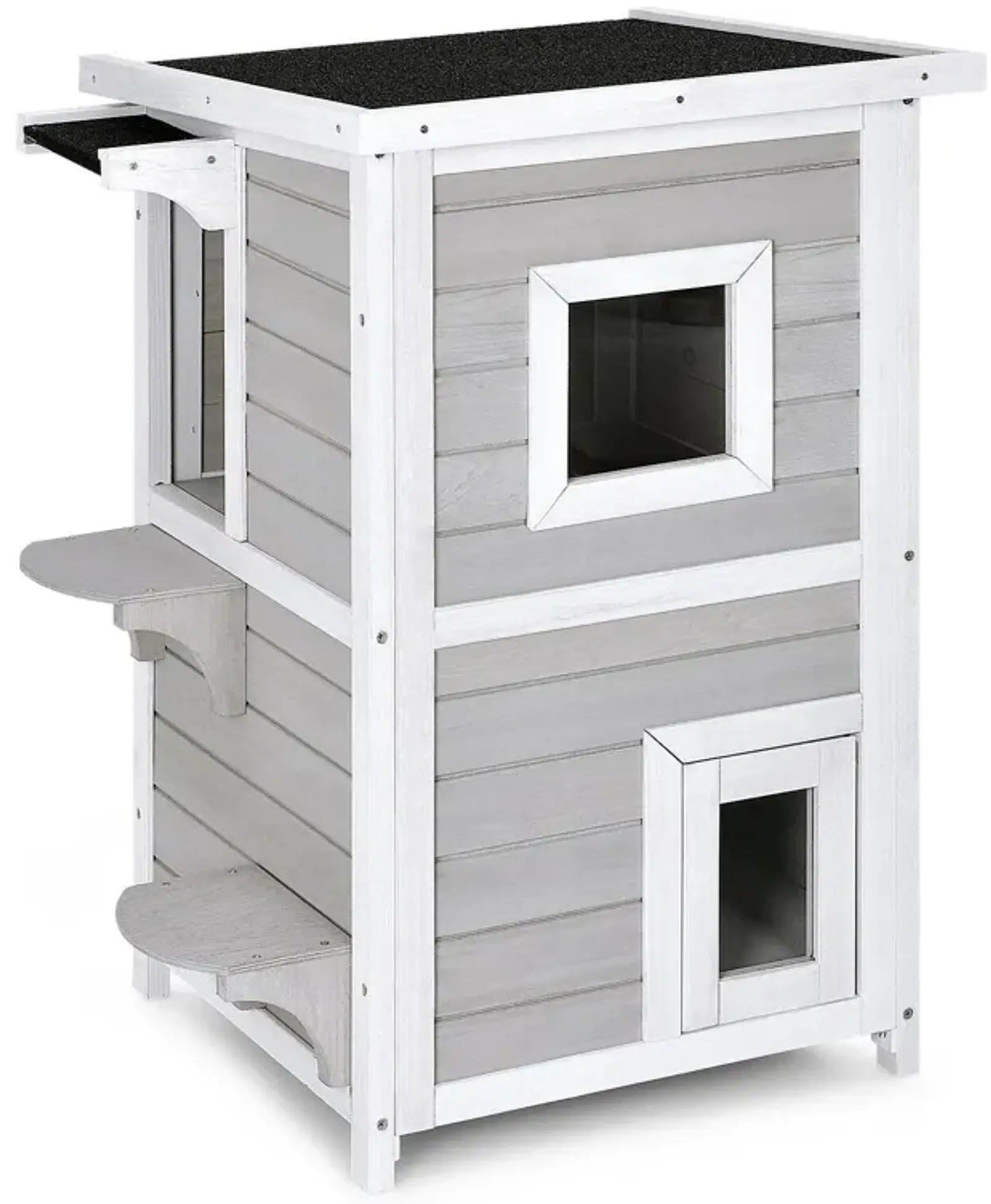 2-Story Wooden Cat House with Escape Door Rainproof