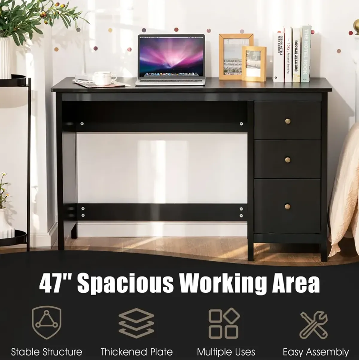 Computer Desk Study Writing Desk Home Office Workstation with 3 Drawers Black