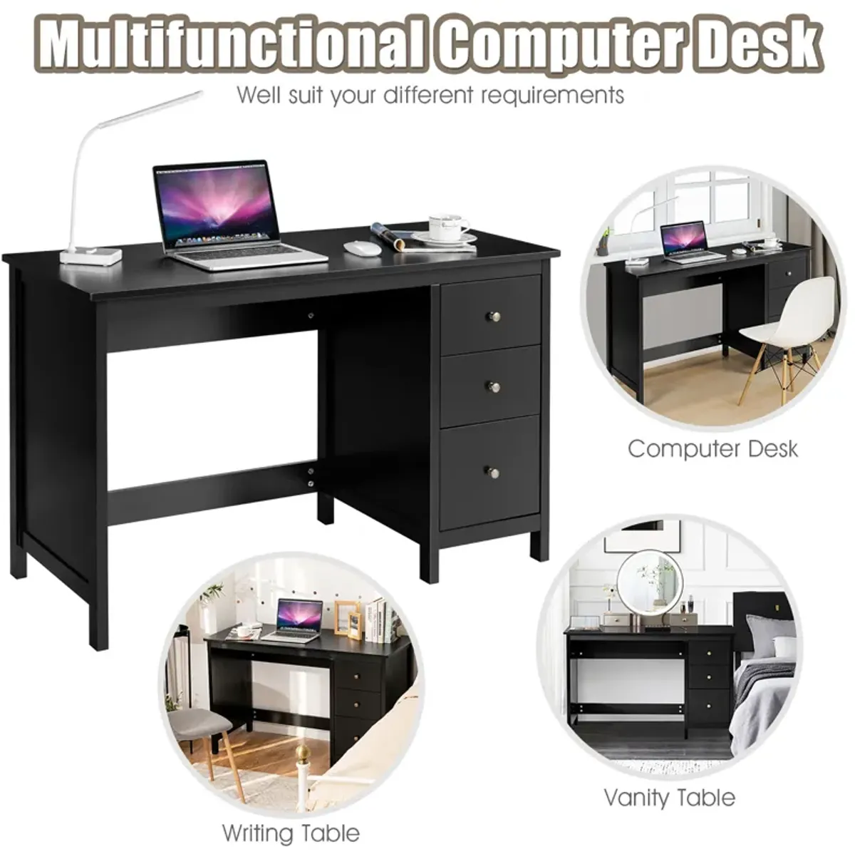 Computer Desk Study Writing Desk Home Office Workstation with 3 Drawers Black