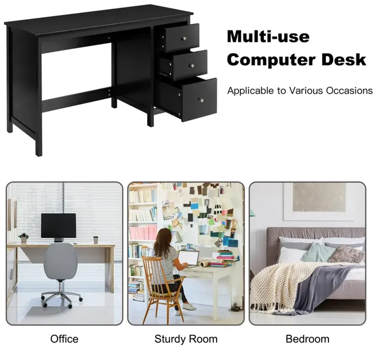 3-Drawer Home Office Study Computer Desk with Spacious Desktop