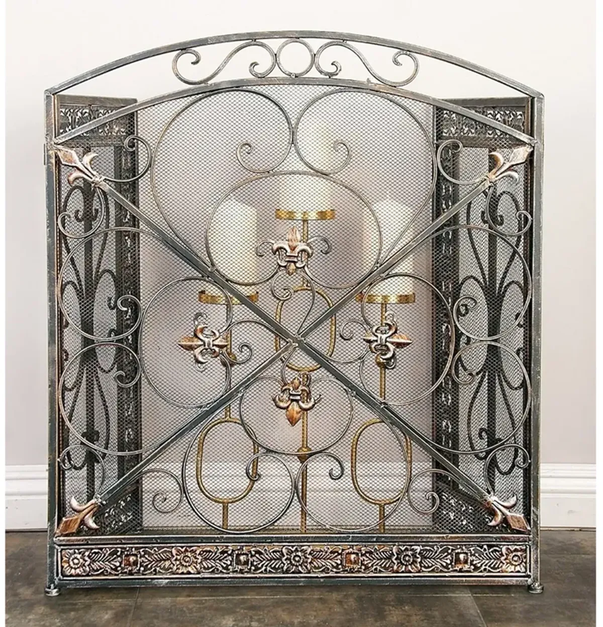 Traditional 3 Panel Metal Fire Screen With Filigree Design, Bronze, Black-Benzara