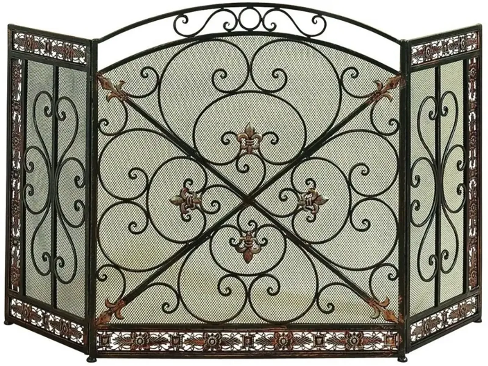 Traditional 3 Panel Metal Fire Screen With Filigree Design, Bronze, Black-Benzara