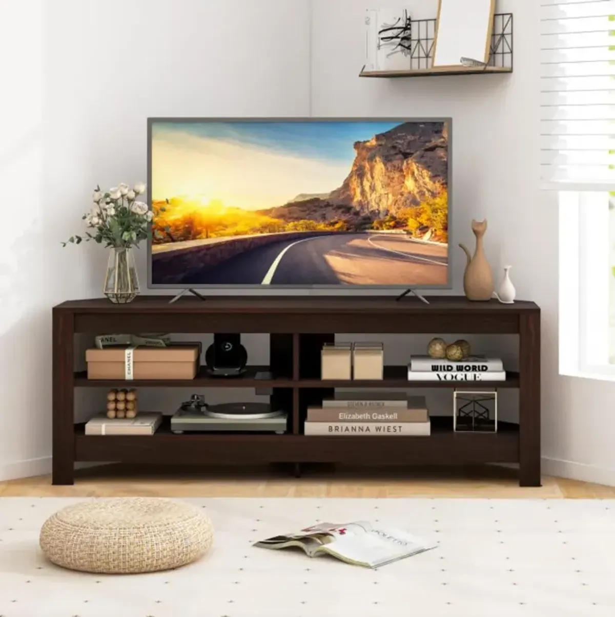 Hivvago Corner TV Stand with Power Outlet and 4 Open Storage Shelves