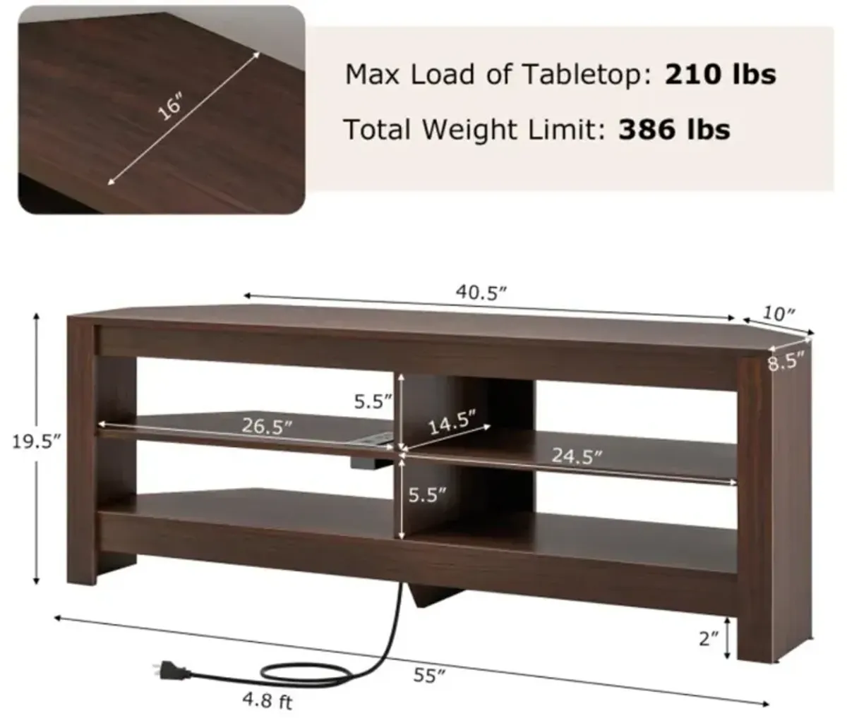 Hivvago Corner TV Stand with Power Outlet and 4 Open Storage Shelves