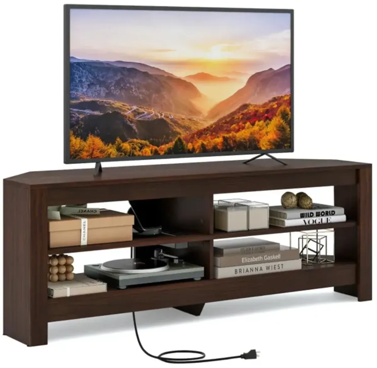 Hivvago Corner TV Stand with Power Outlet and 4 Open Storage Shelves