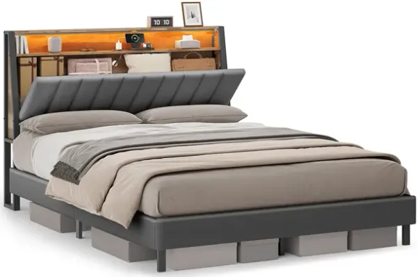 LED Bed Frame Queen Size, Storage Headboard and Charging Station