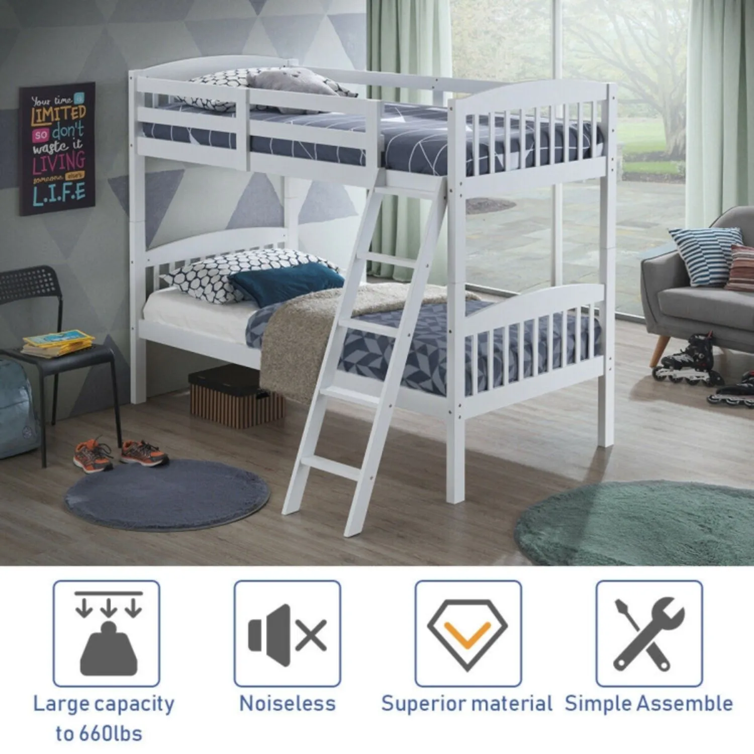 Hardwood Twin Bunk Beds with Individual Kid Bed Ladder