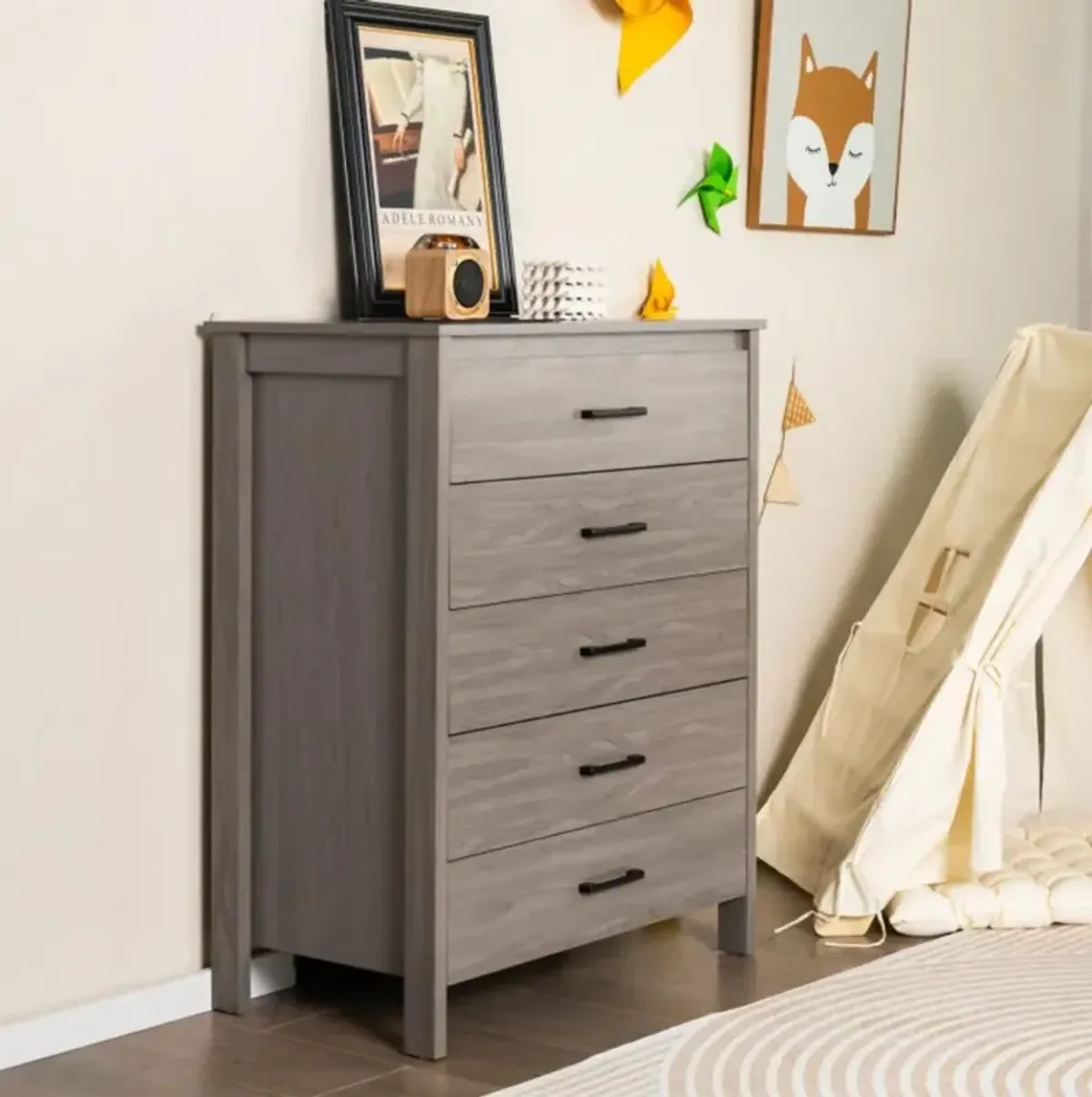 Hivvago Modern 5-Drawer Multipurpose Chest Dresser with Metal Handles-Grey