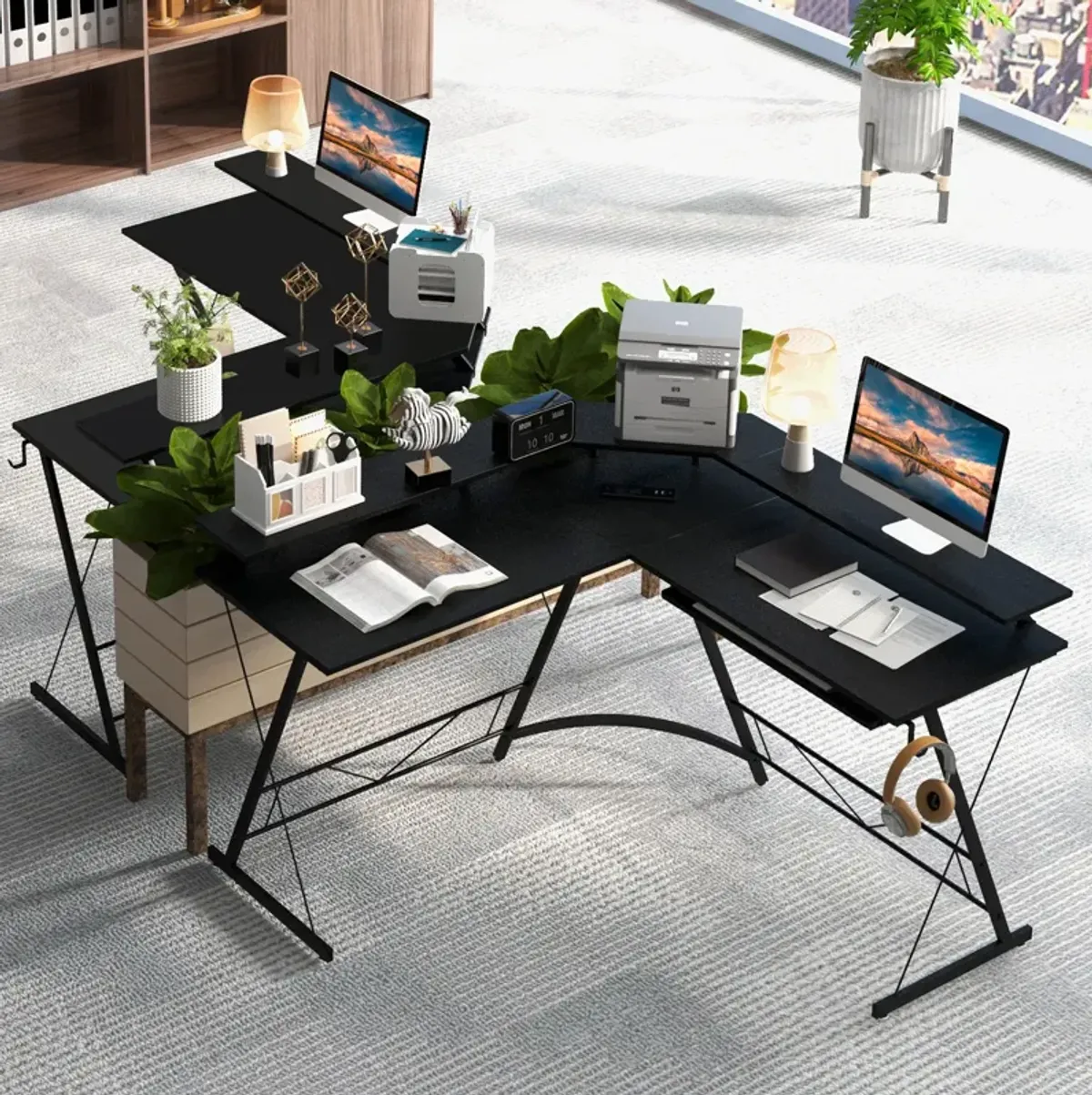 L-shaped Computer Desk with Power Outlet and Monitor Stand