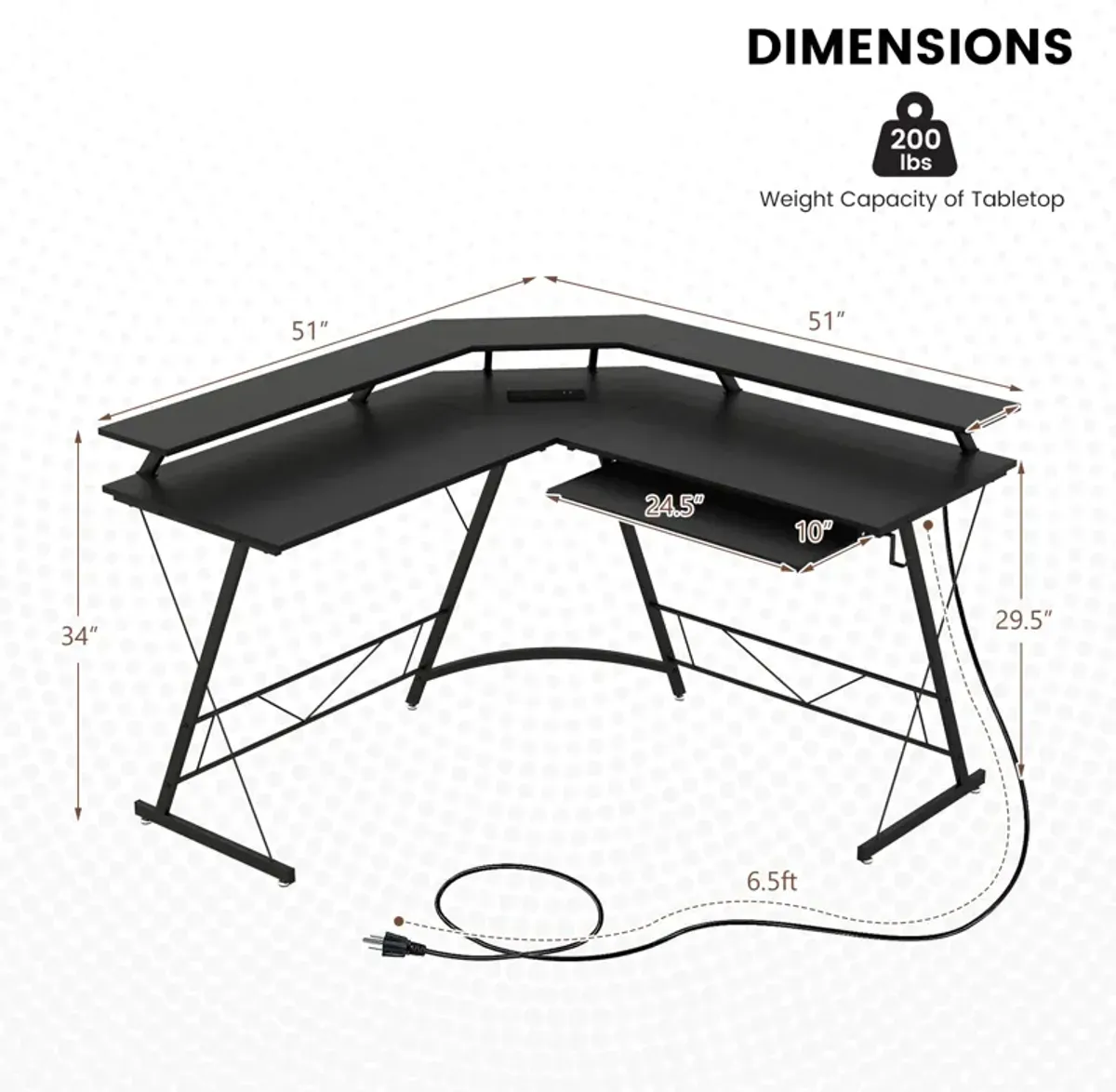 L-shaped Computer Desk with Power Outlet and Monitor Stand