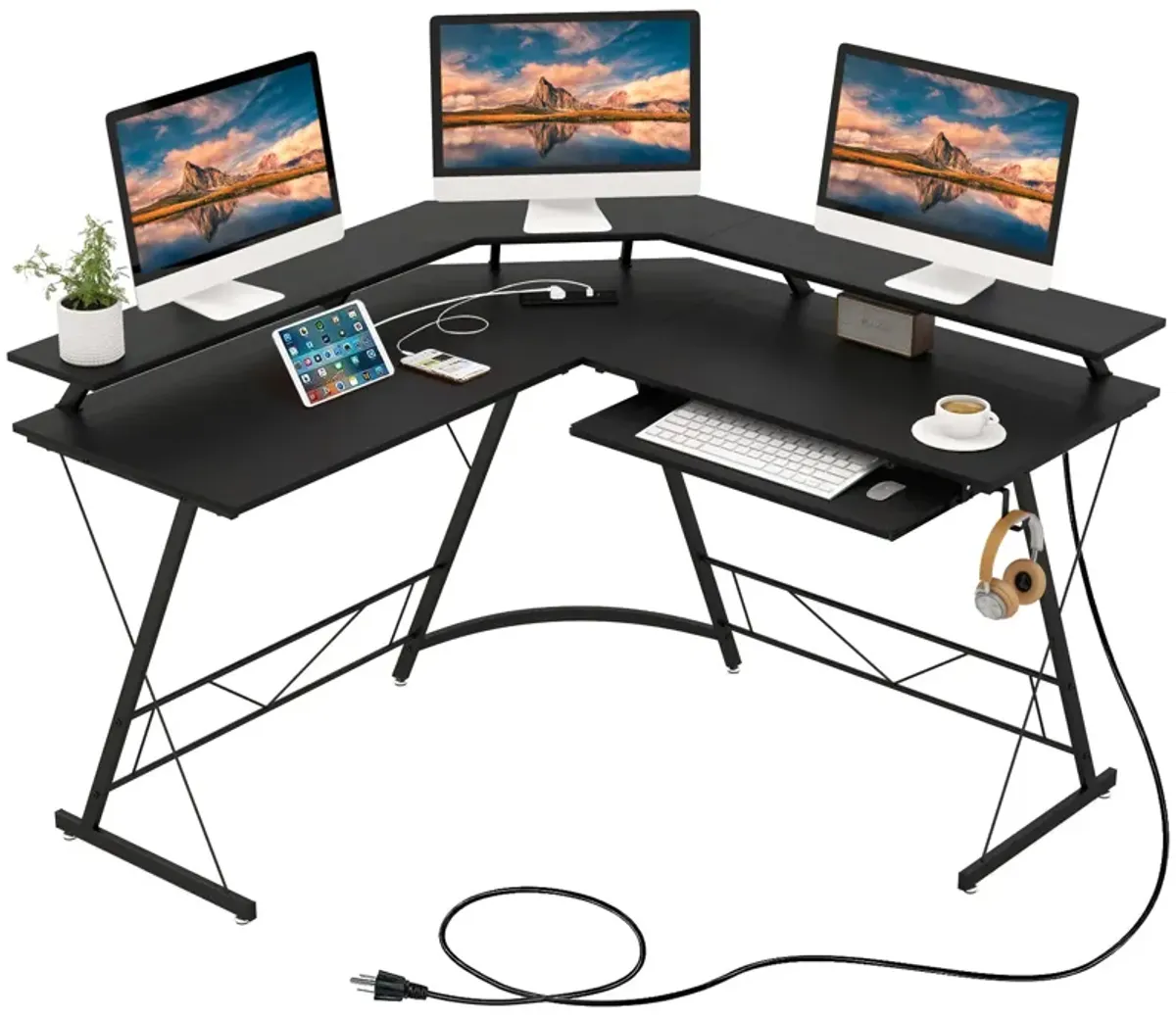 L-shaped Computer Desk with Power Outlet and Monitor Stand