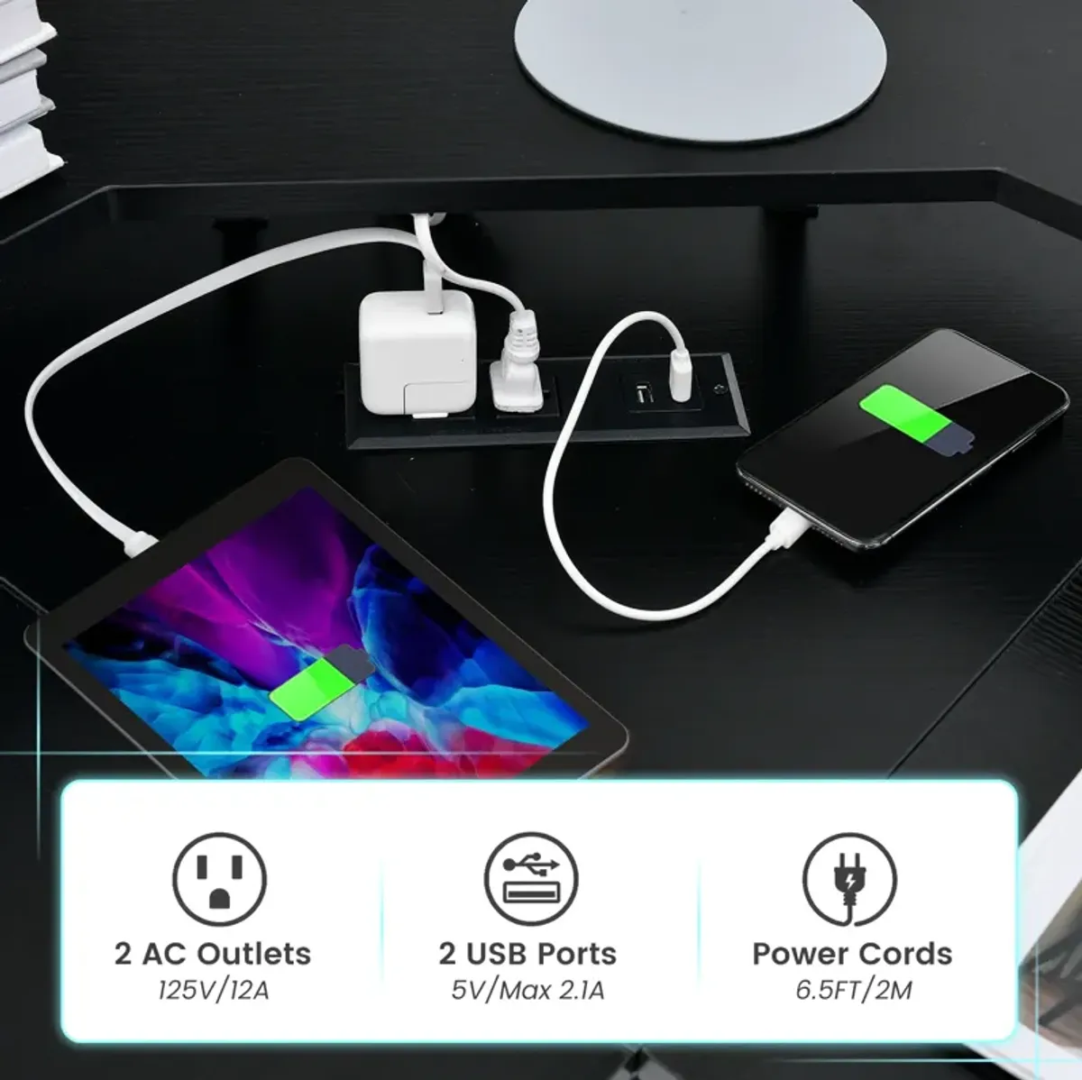 L-shaped Computer Desk with Power Outlet and Monitor Stand