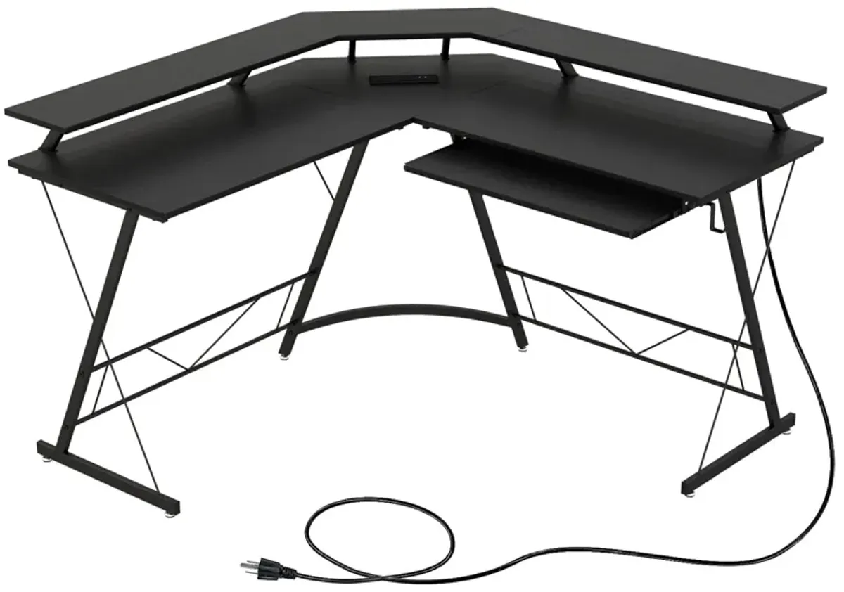 L-shaped Computer Desk with Power Outlet and Monitor Stand